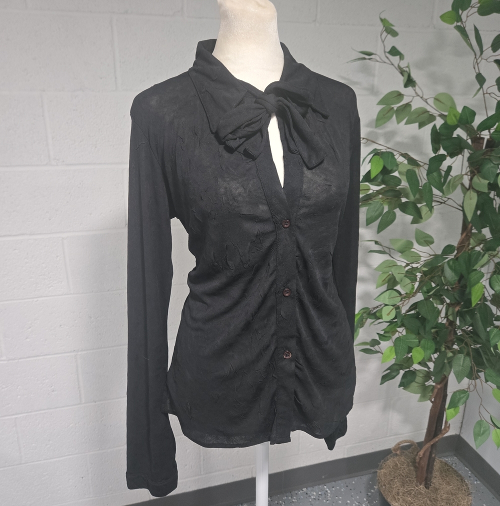 VTG Lili Rose Y2K Sheer Guazy Stretch Neck Tie Top Womens Large Black Office